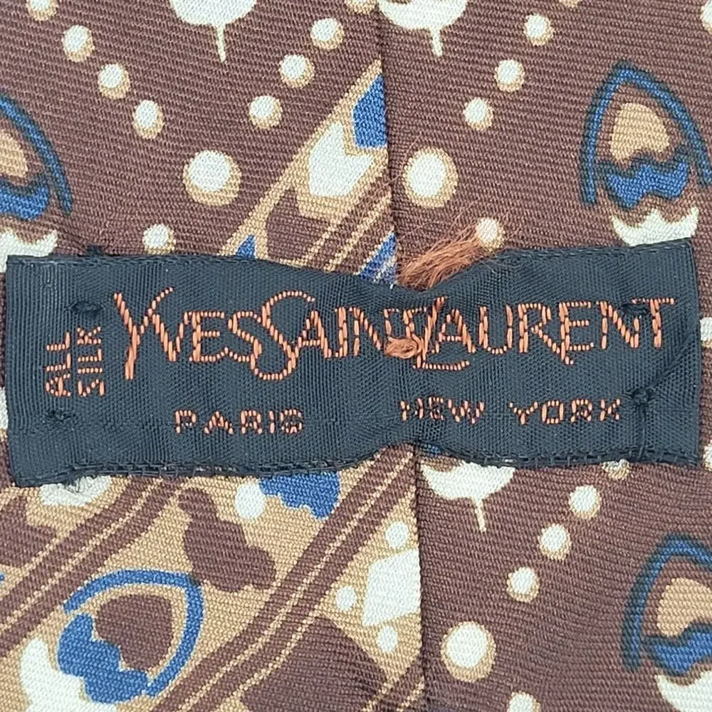 Yves Saint Laurent YSL Vintage Brown Blue Silk Geometric Medallion Tie Preppy